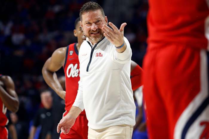 Dec 2, 2023; Oxford, Mississippi, USA; Mississippi Rebels head coach Chris Beard reacts during the second half against the Memphis Tigers at The Sandy and John Black Pavilion at Ole Miss. Mandatory Credit: Petre Thomas-USA TODAY Sports